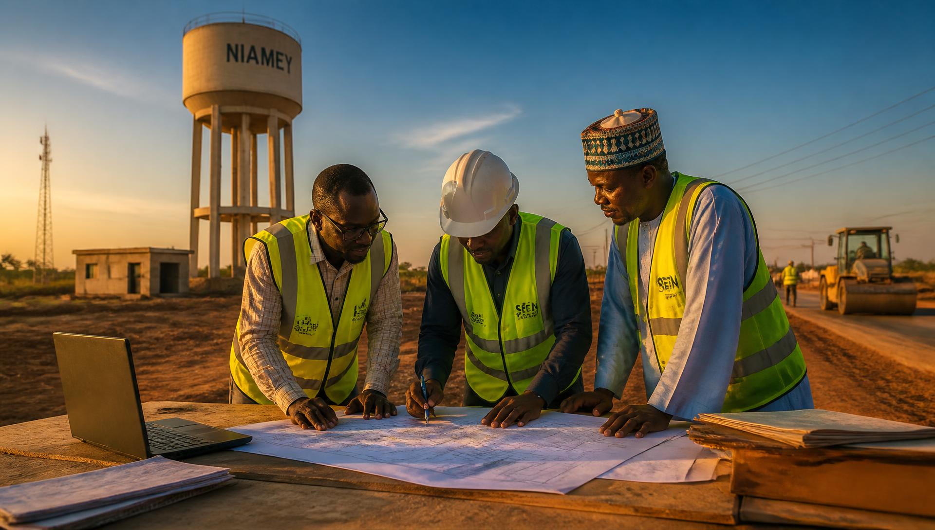 Ingénieurs d'AGECRHAU examinant des plans sur un chantier près de Niamey